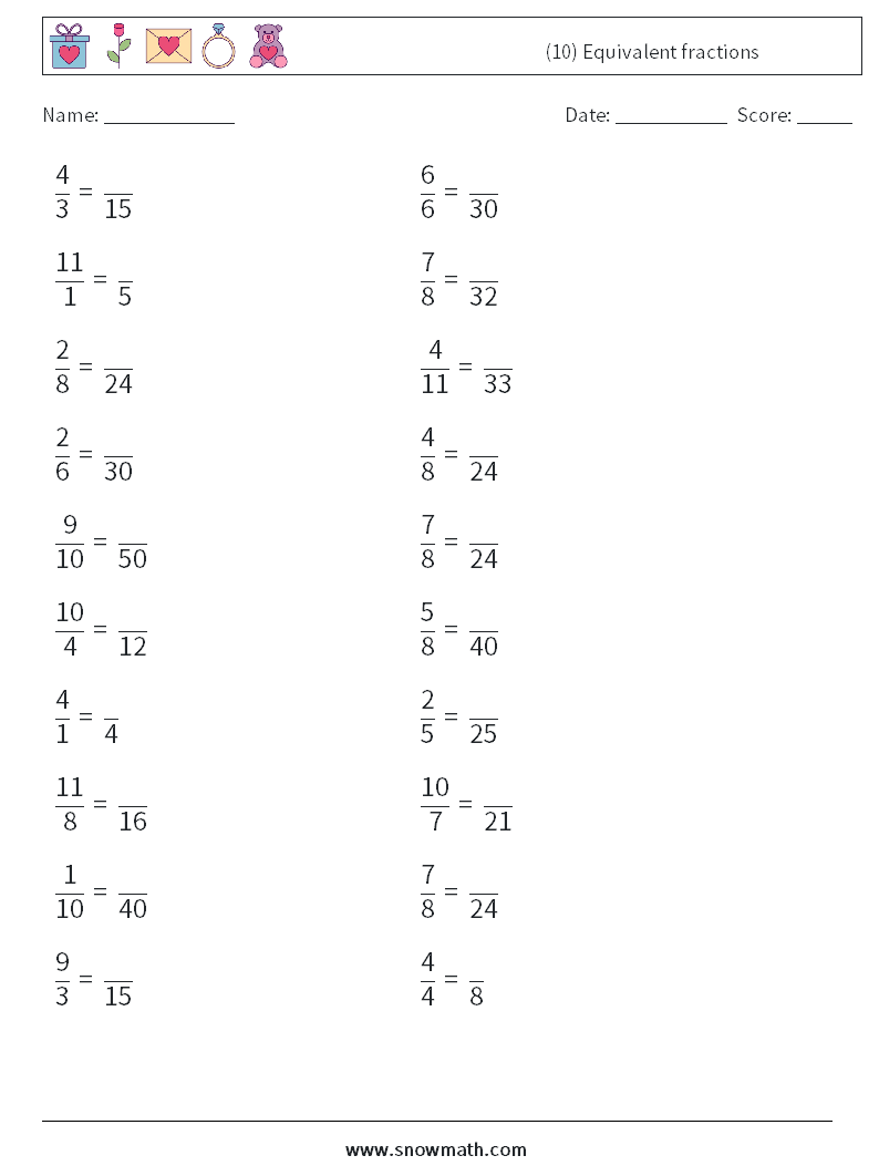 (10) Equivalent fractions Maths Worksheets 2