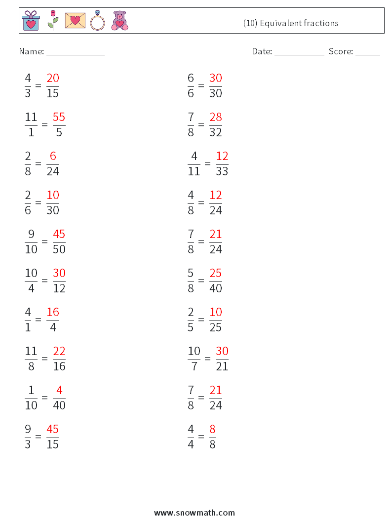 (10) Equivalent fractions Maths Worksheets 2 Question, Answer