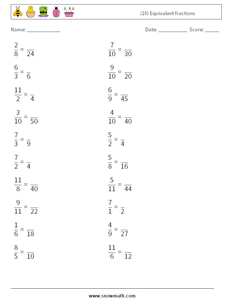 (10) Equivalent fractions Maths Worksheets 3