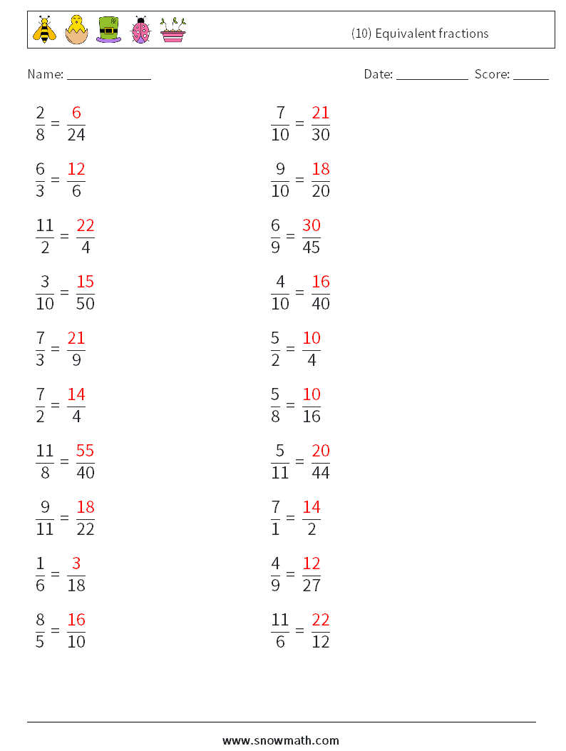 (10) Equivalent fractions Maths Worksheets 3 Question, Answer