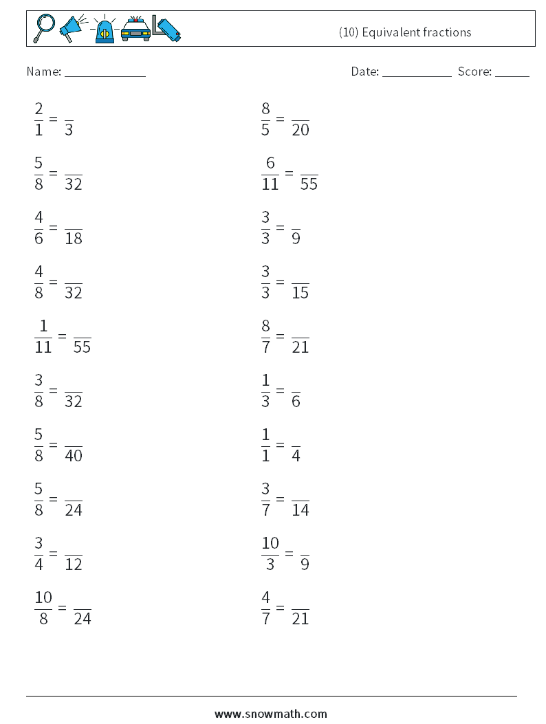 (10) Equivalent fractions Maths Worksheets 4