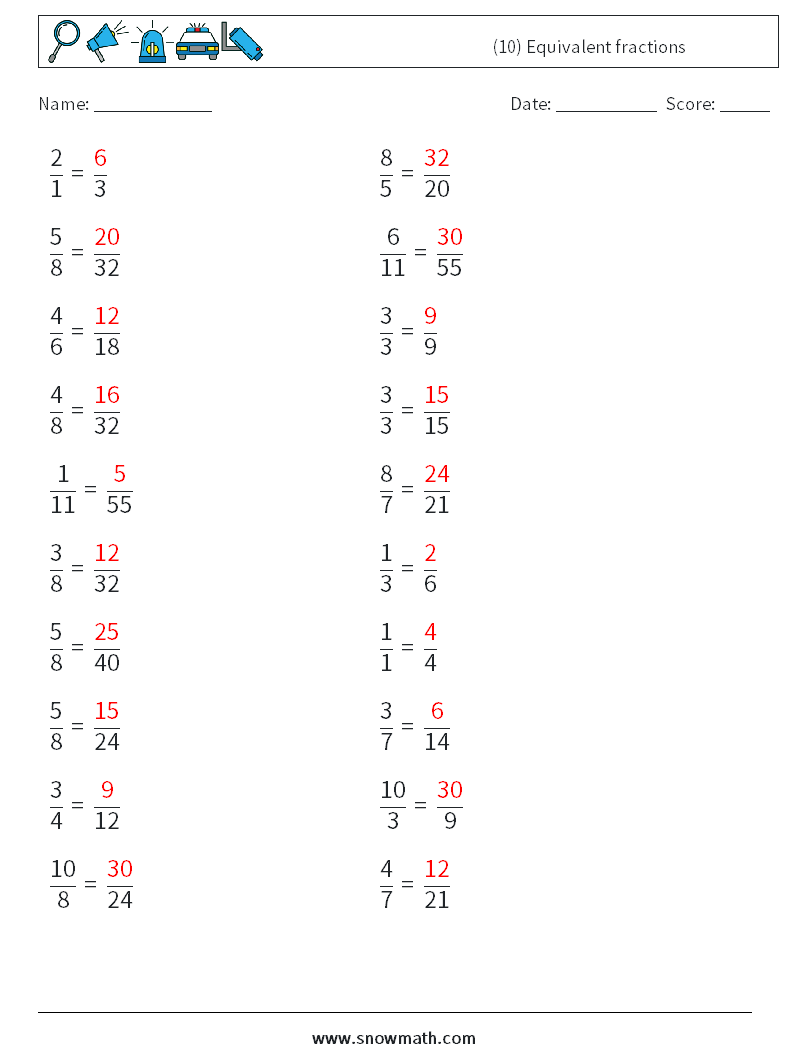 (10) Equivalent fractions Maths Worksheets 4 Question, Answer