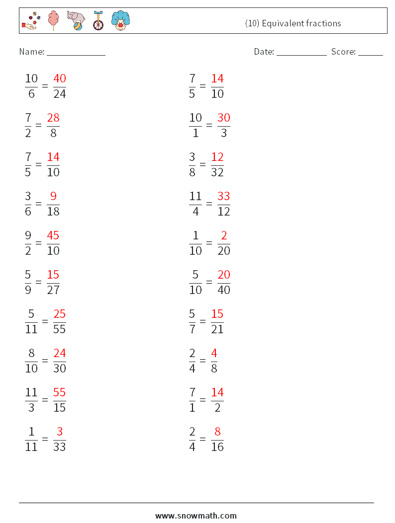 (10) Equivalent fractions Maths Worksheets 5 Question, Answer