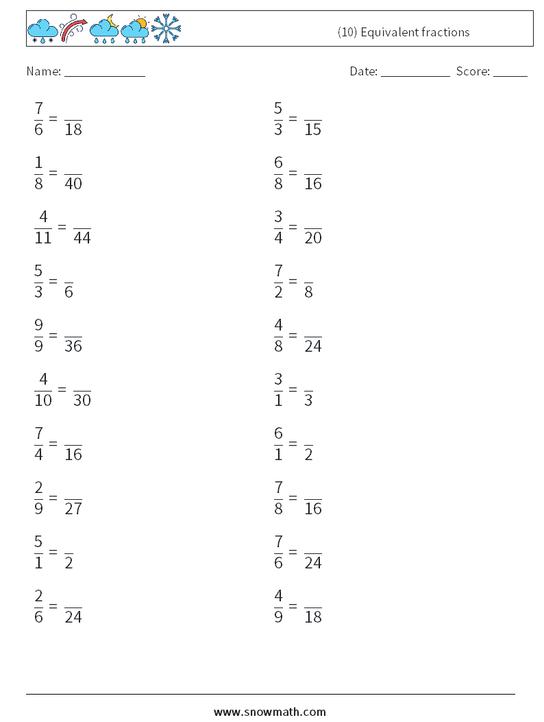 (10) Equivalent fractions Maths Worksheets 6