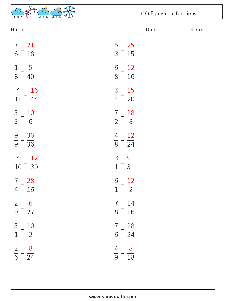 (10) Equivalent fractions Maths Worksheets 6 Question, Answer