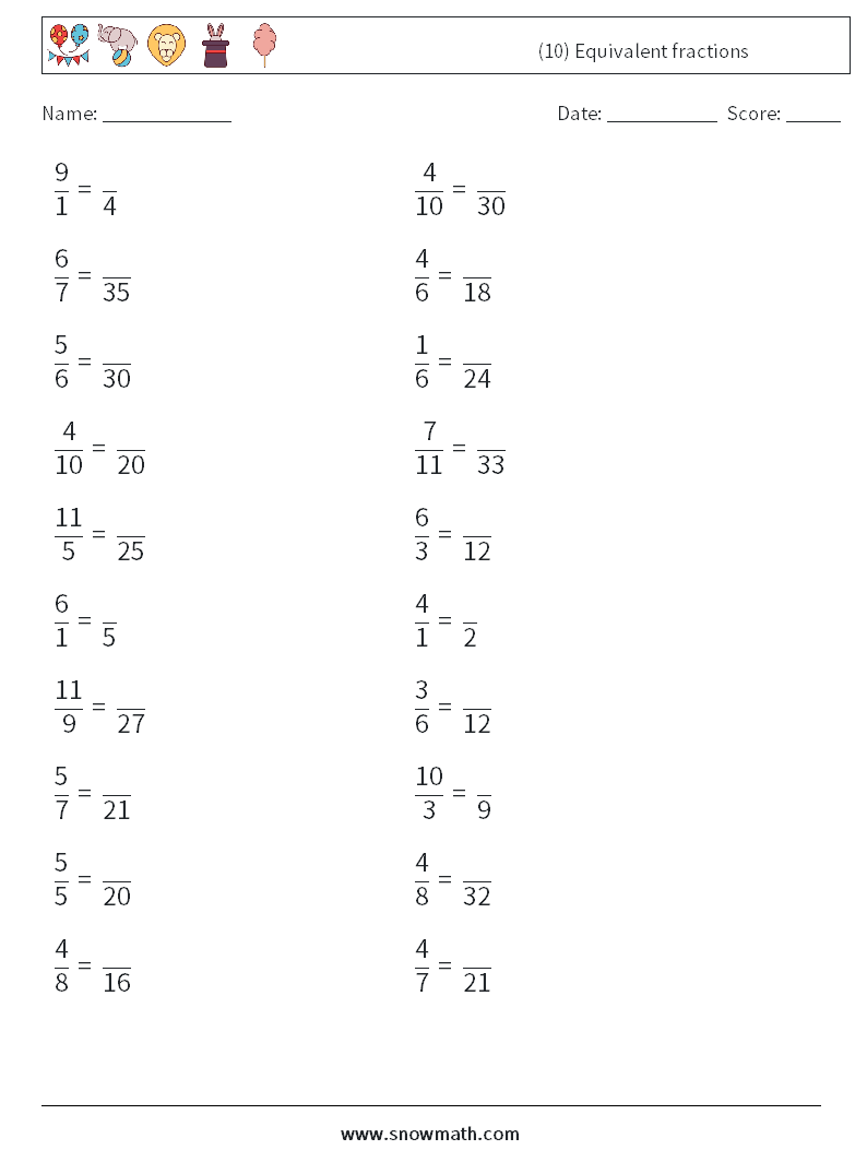(10) Equivalent fractions Maths Worksheets 7