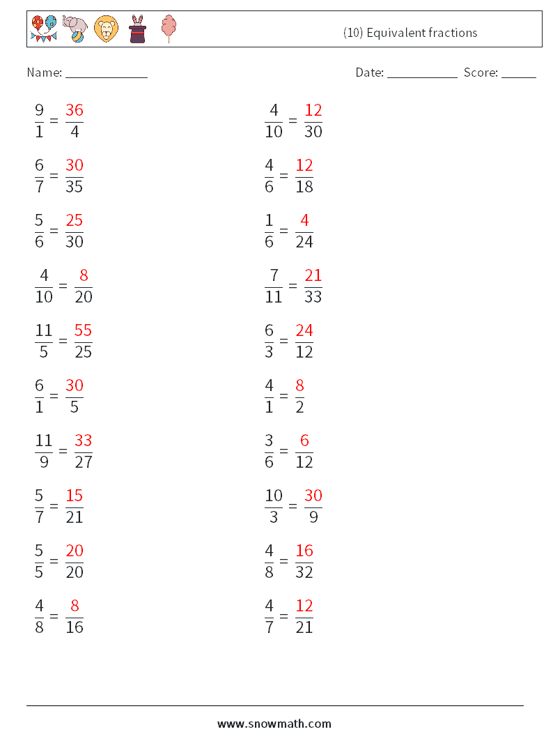 (10) Equivalent fractions Maths Worksheets 7 Question, Answer
