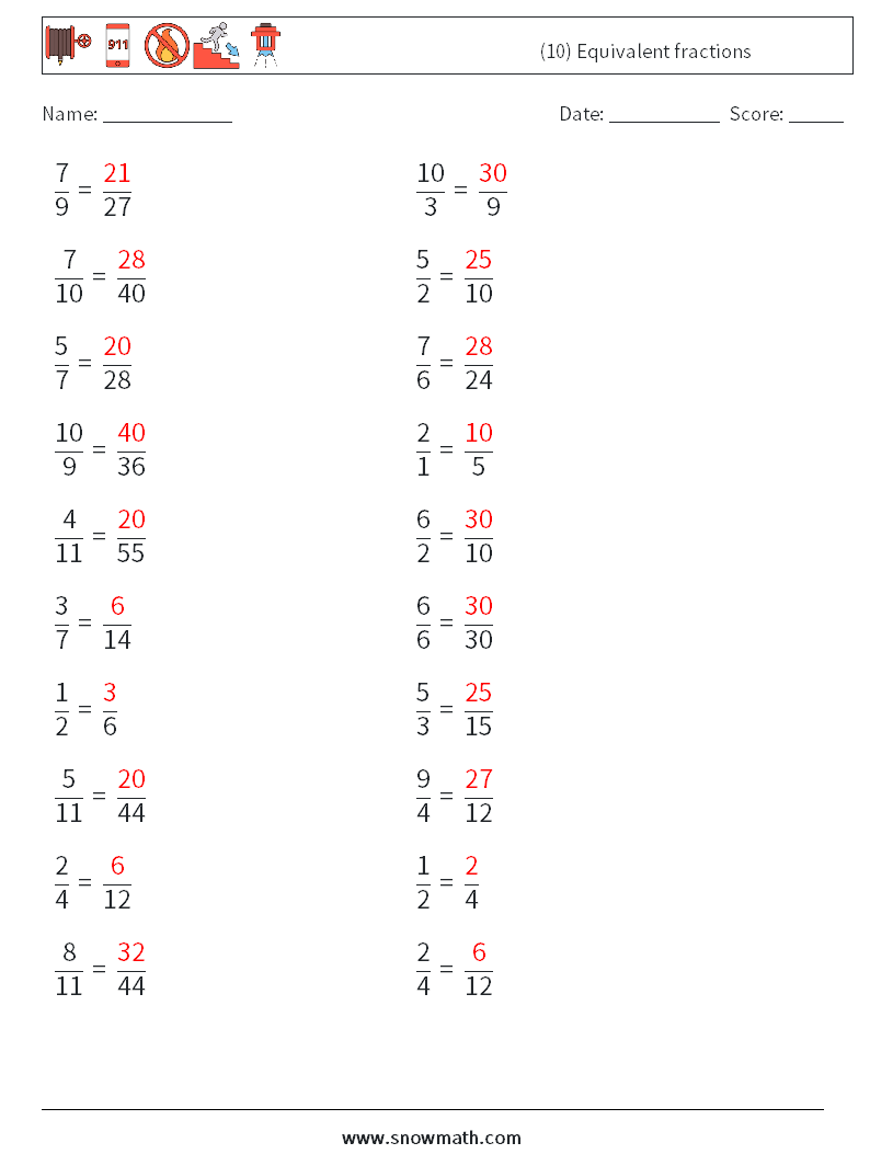(10) Equivalent fractions Maths Worksheets 8 Question, Answer