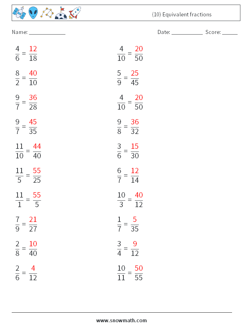 (10) Equivalent fractions Maths Worksheets 9 Question, Answer