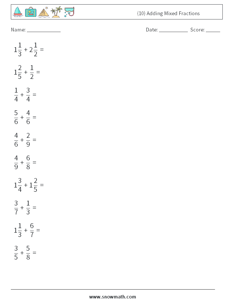 (10) Adding Mixed Fractions Maths Worksheets 1