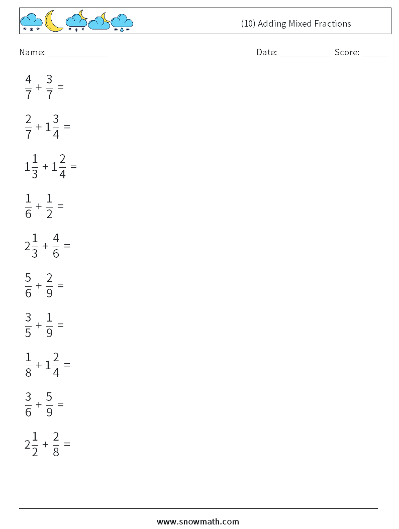 (10) Adding Mixed Fractions Maths Worksheets 10