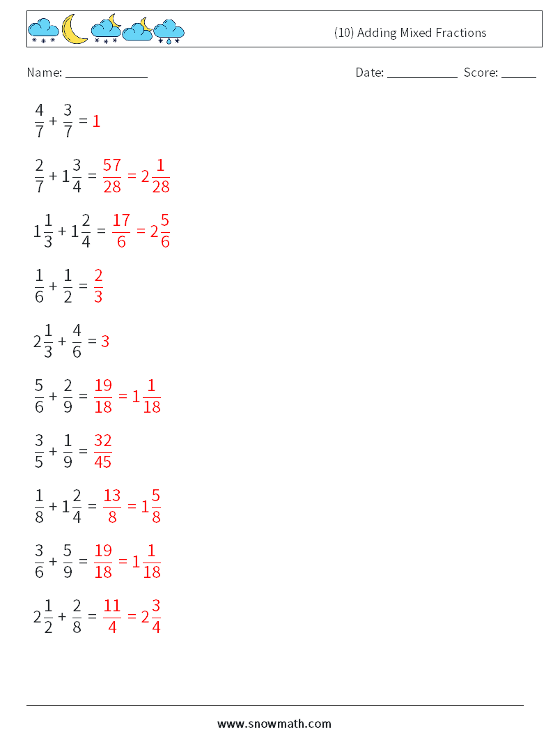 (10) Adding Mixed Fractions Maths Worksheets 10 Question, Answer