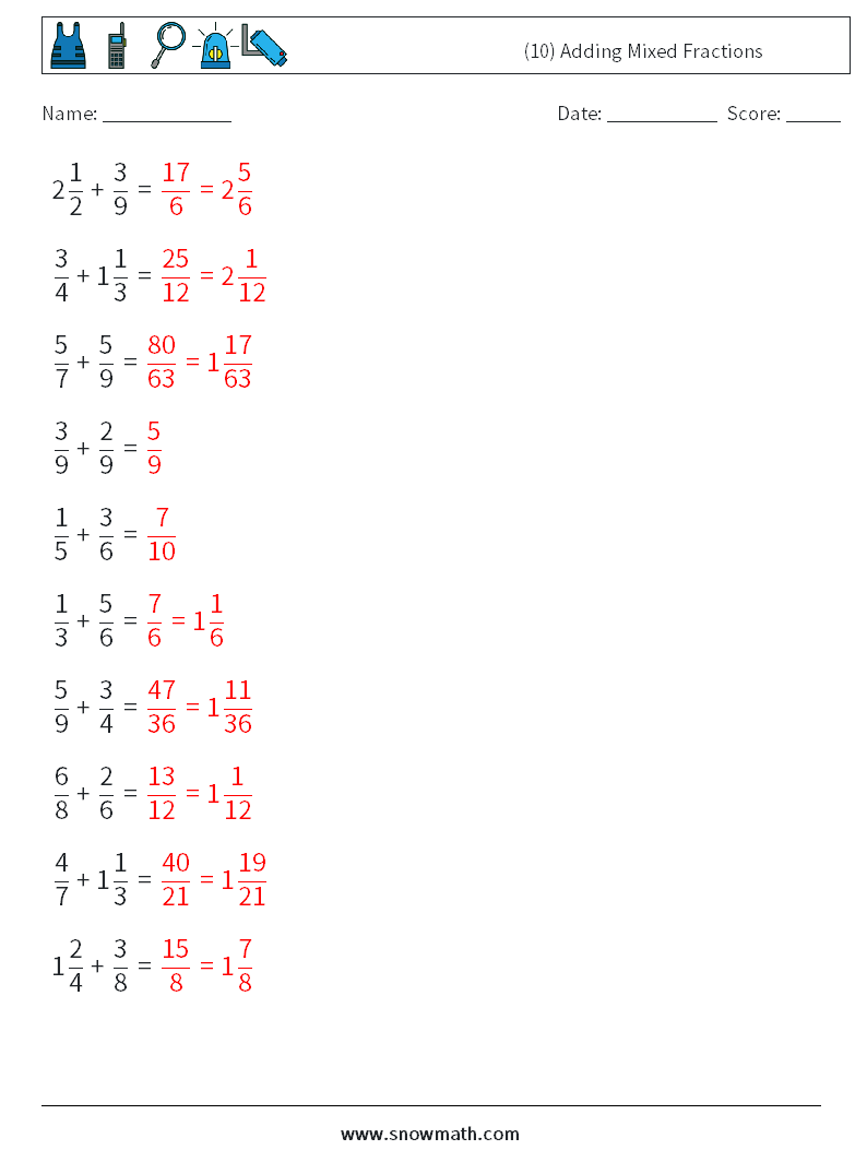 (10) Adding Mixed Fractions Maths Worksheets 11 Question, Answer