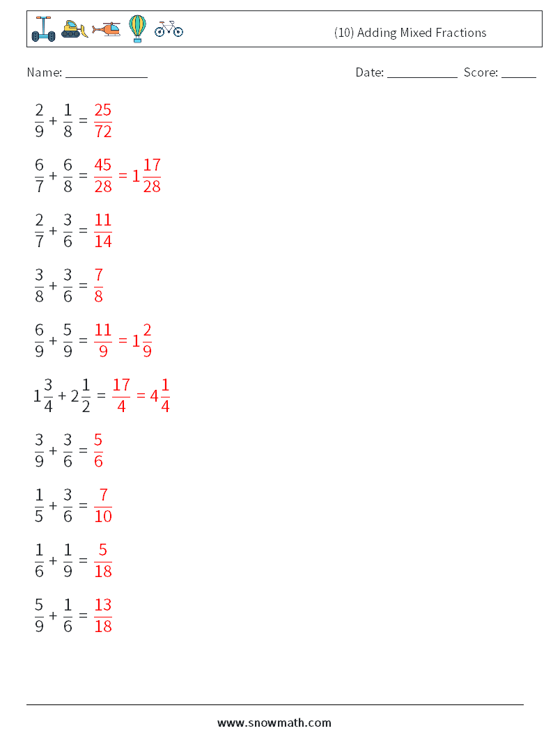 (10) Adding Mixed Fractions Maths Worksheets 12 Question, Answer