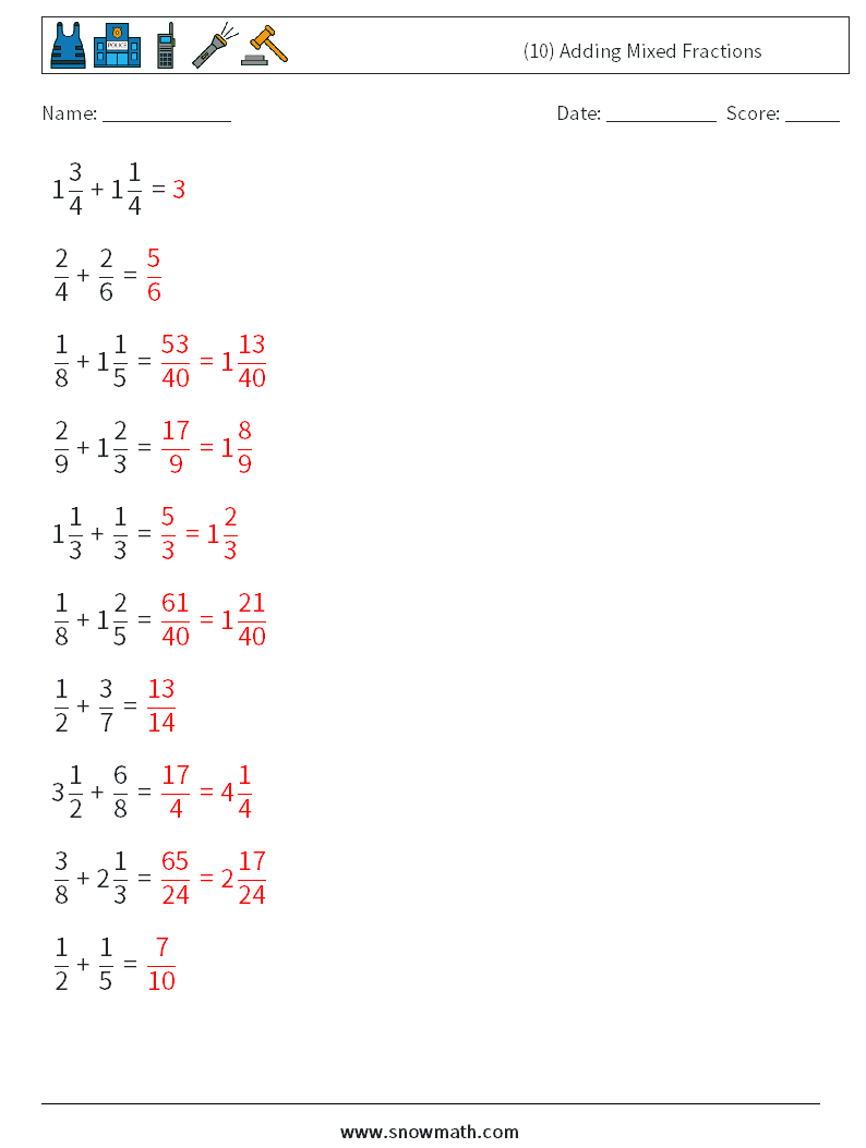 (10) Adding Mixed Fractions Maths Worksheets 13 Question, Answer