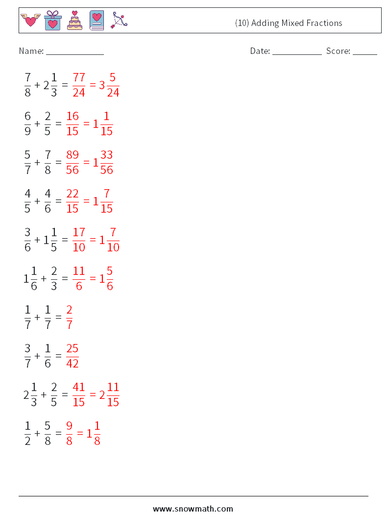 (10) Adding Mixed Fractions Maths Worksheets 15 Question, Answer