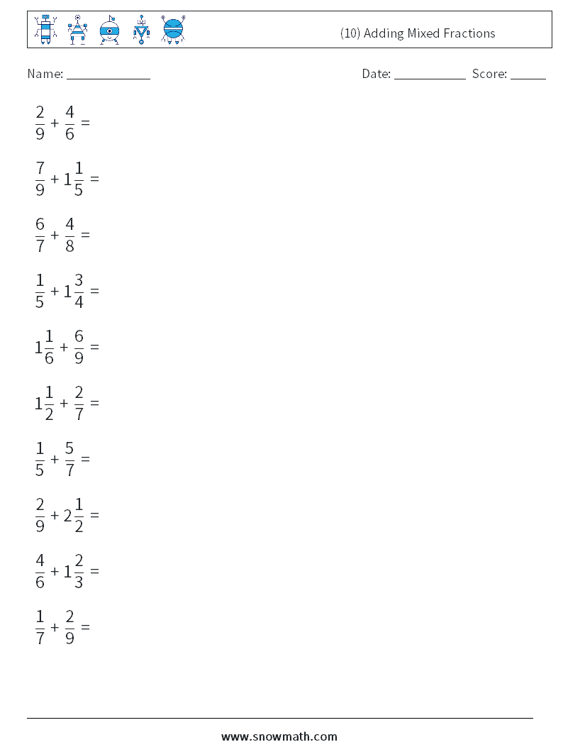 (10) Adding Mixed Fractions Maths Worksheets 16