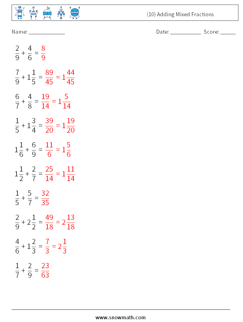 (10) Adding Mixed Fractions Maths Worksheets 16 Question, Answer