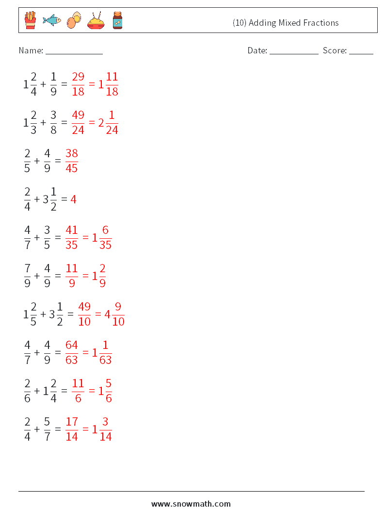 (10) Adding Mixed Fractions Maths Worksheets 17 Question, Answer