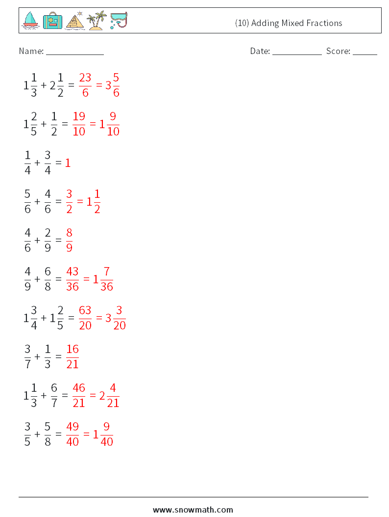 (10) Adding Mixed Fractions Maths Worksheets 1 Question, Answer