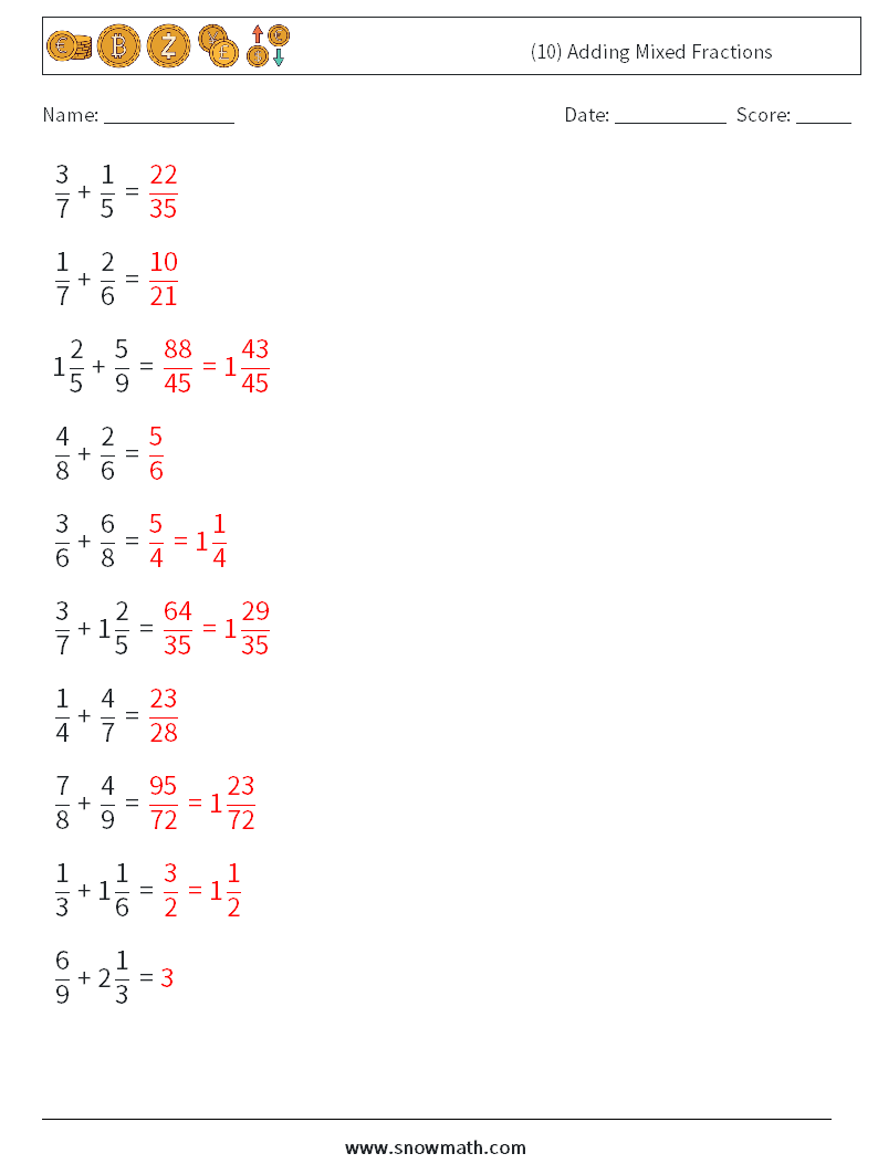 (10) Adding Mixed Fractions Maths Worksheets 2 Question, Answer