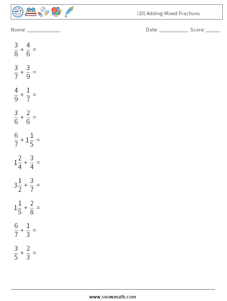 (10) Adding Mixed Fractions Maths Worksheets 3