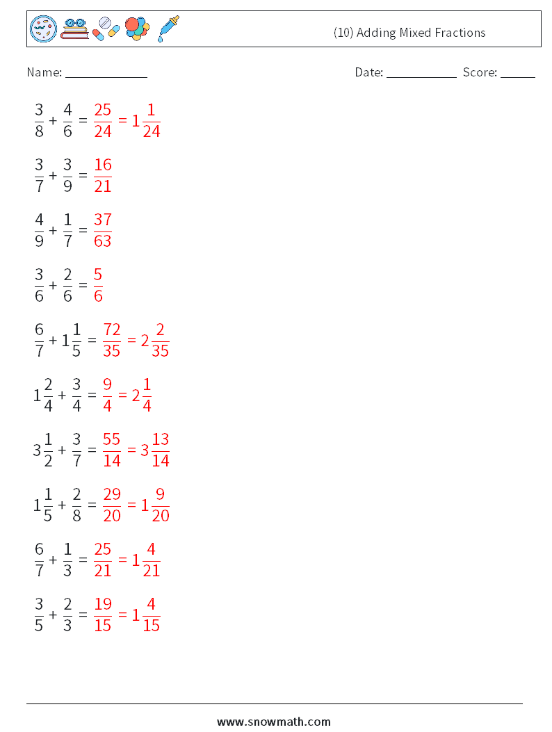 (10) Adding Mixed Fractions Maths Worksheets 3 Question, Answer