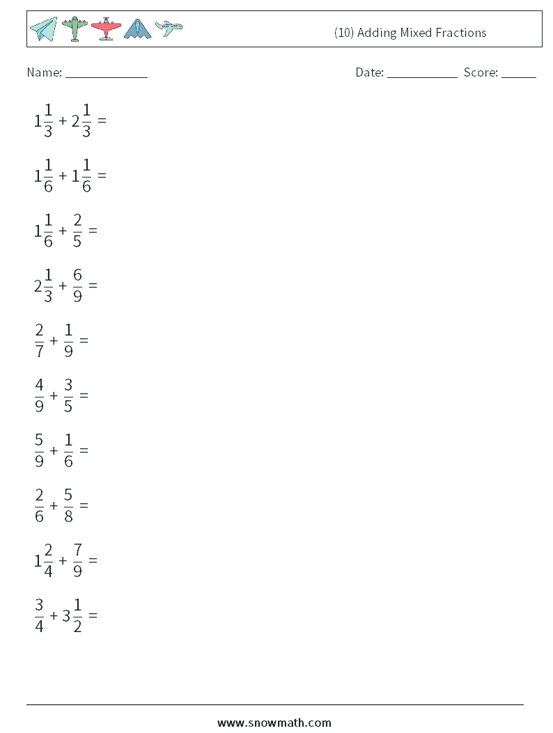 (10) Adding Mixed Fractions Maths Worksheets 4