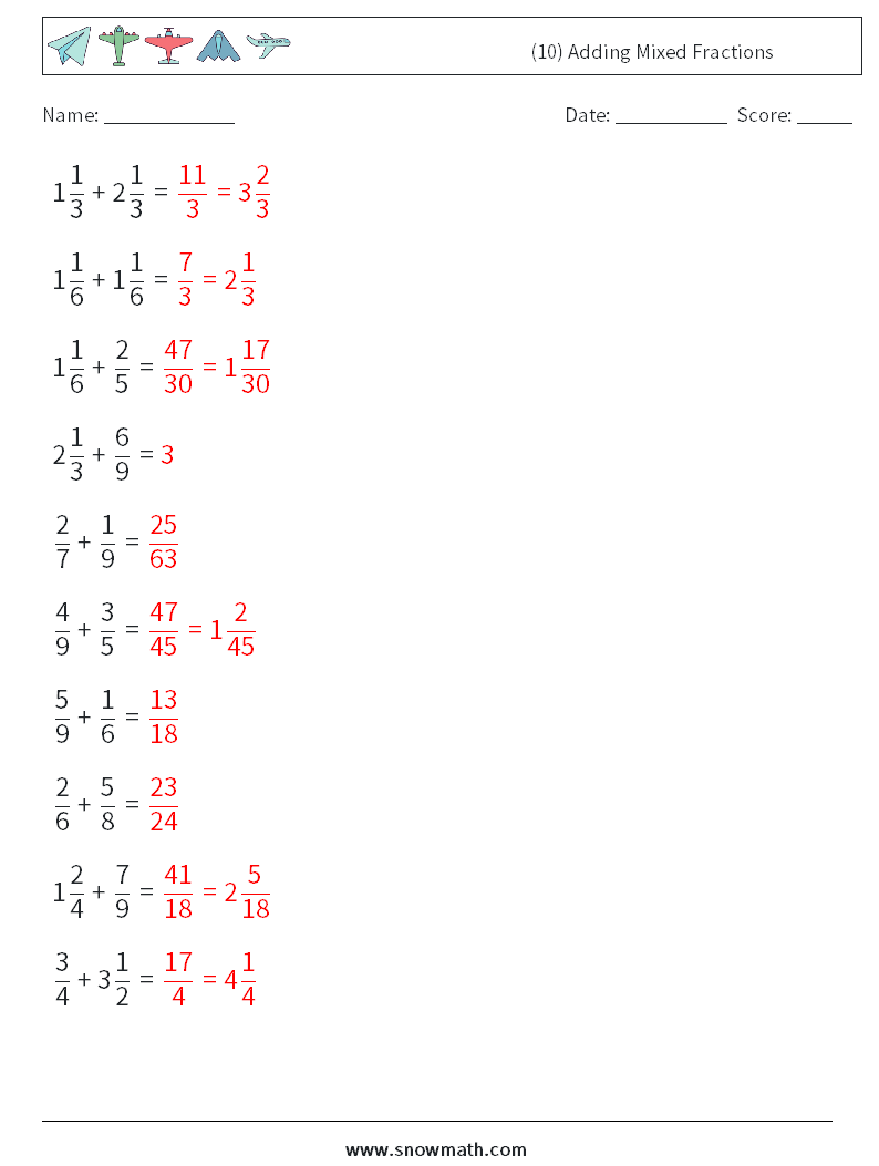 (10) Adding Mixed Fractions Maths Worksheets 4 Question, Answer