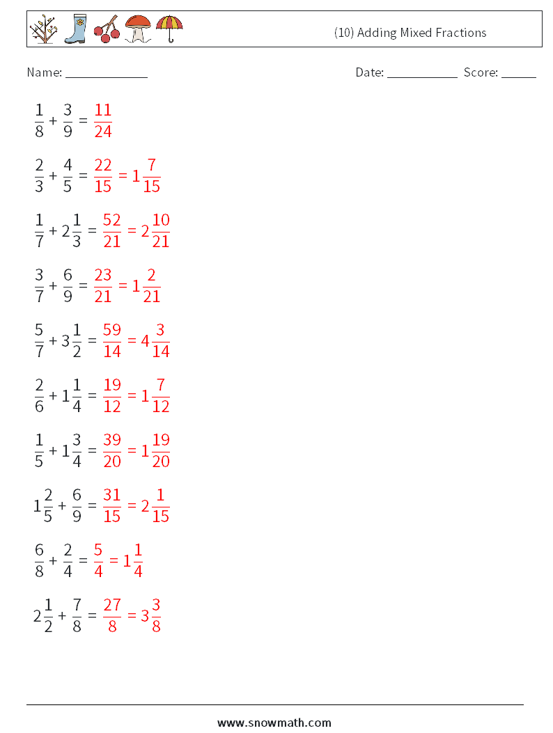 (10) Adding Mixed Fractions Maths Worksheets 5 Question, Answer