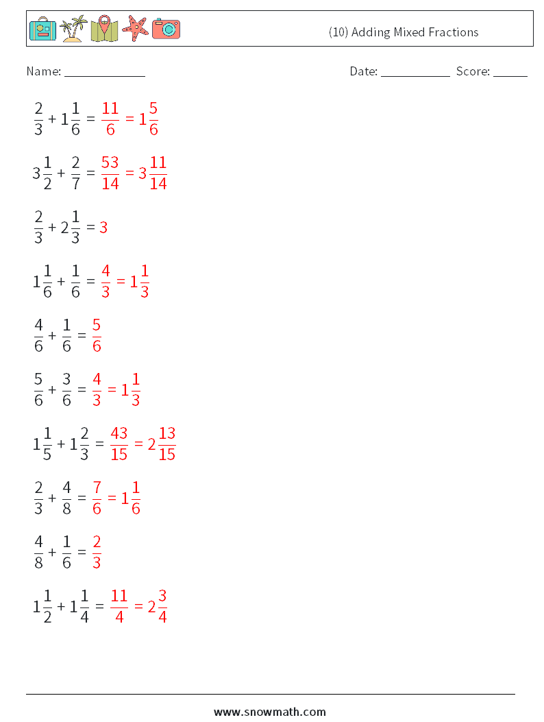 (10) Adding Mixed Fractions Maths Worksheets 6 Question, Answer