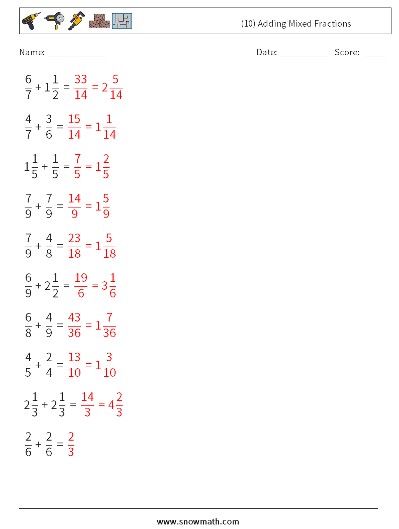 (10) Adding Mixed Fractions Maths Worksheets 7 Question, Answer