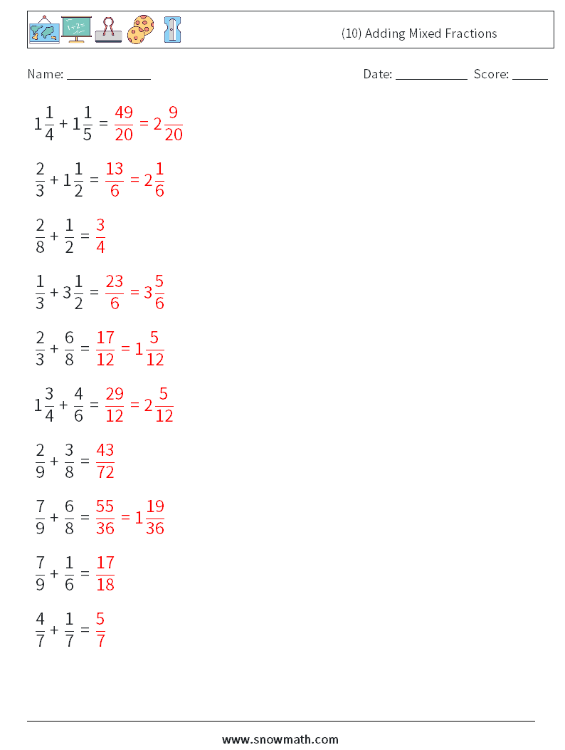 (10) Adding Mixed Fractions Maths Worksheets 8 Question, Answer
