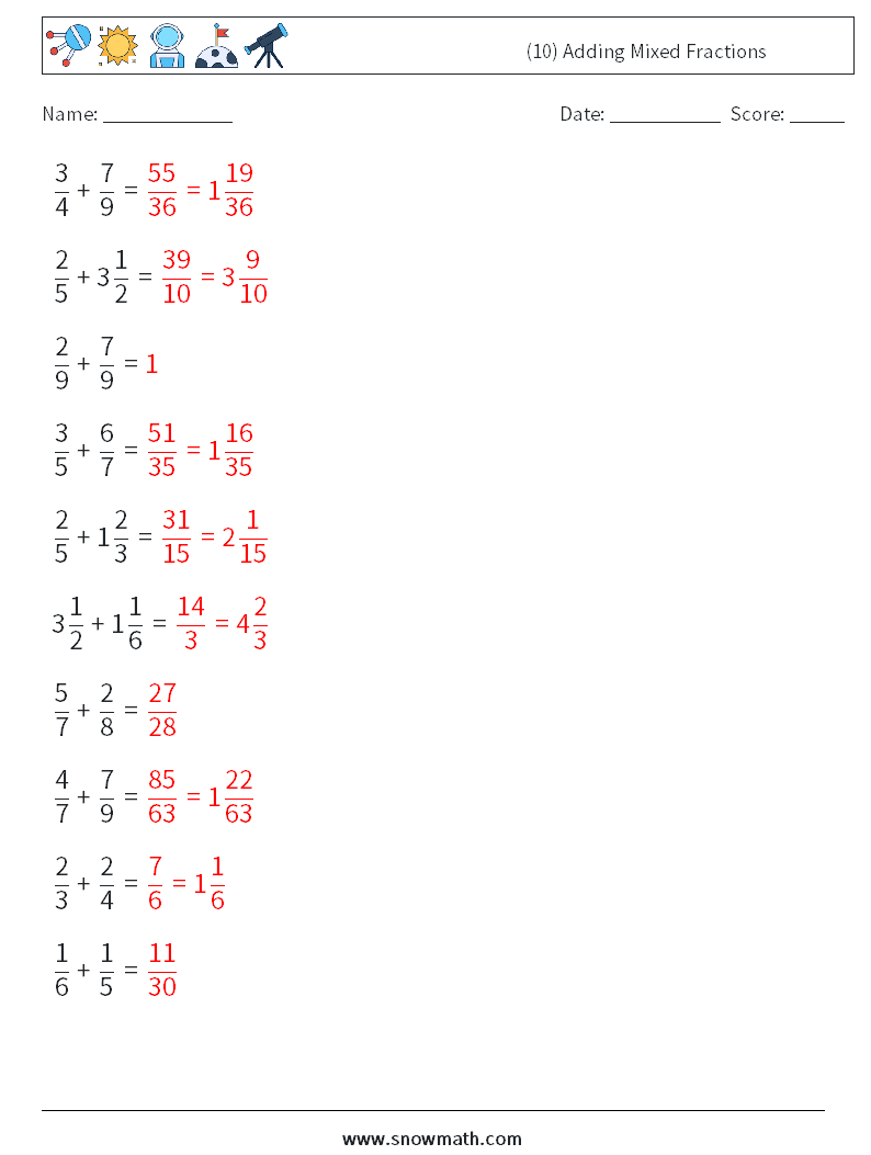 (10) Adding Mixed Fractions Maths Worksheets 9 Question, Answer