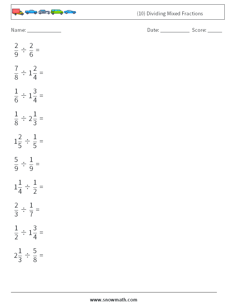 (10) Dividing Mixed Fractions Maths Worksheets 10