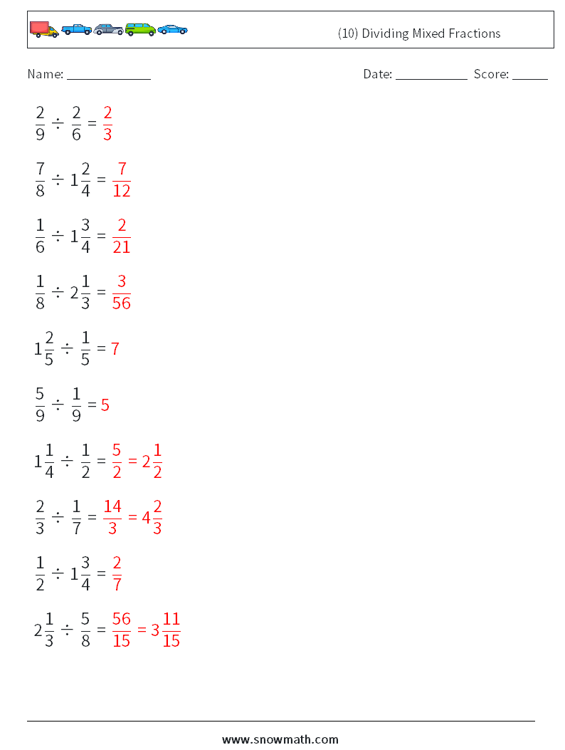 (10) Dividing Mixed Fractions Maths Worksheets 10 Question, Answer