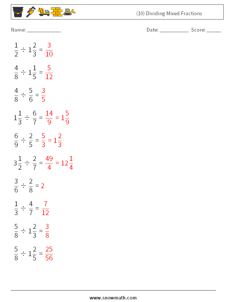 (10) Dividing Mixed Fractions Maths Worksheets 11 Question, Answer