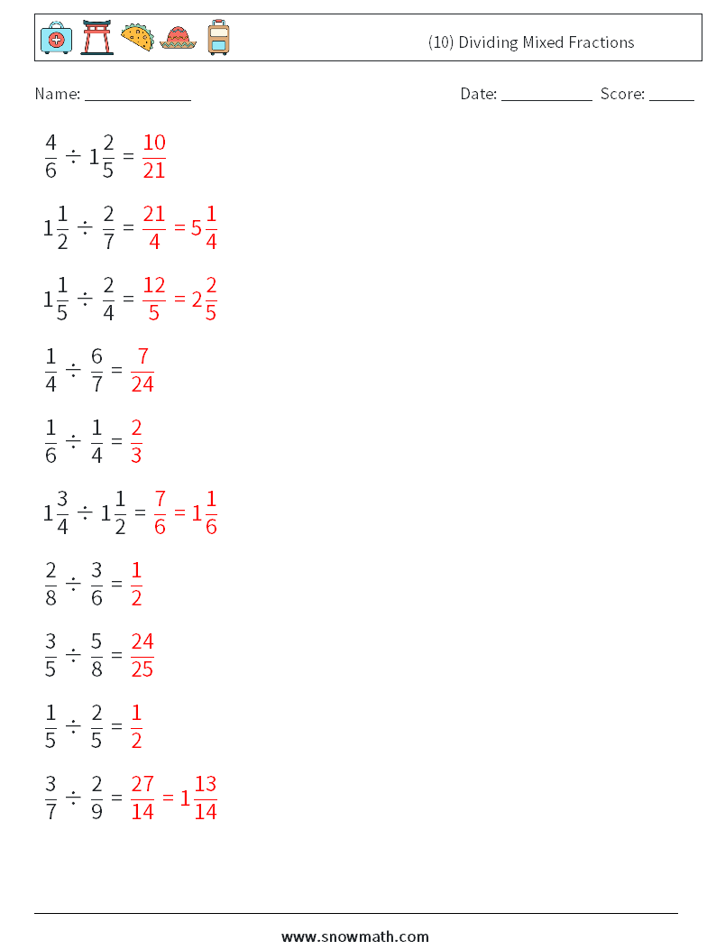 (10) Dividing Mixed Fractions Maths Worksheets 12 Question, Answer