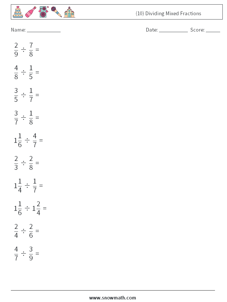 (10) Dividing Mixed Fractions Maths Worksheets 13