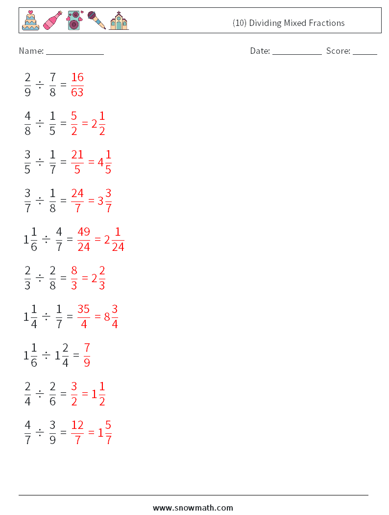 (10) Dividing Mixed Fractions Maths Worksheets 13 Question, Answer