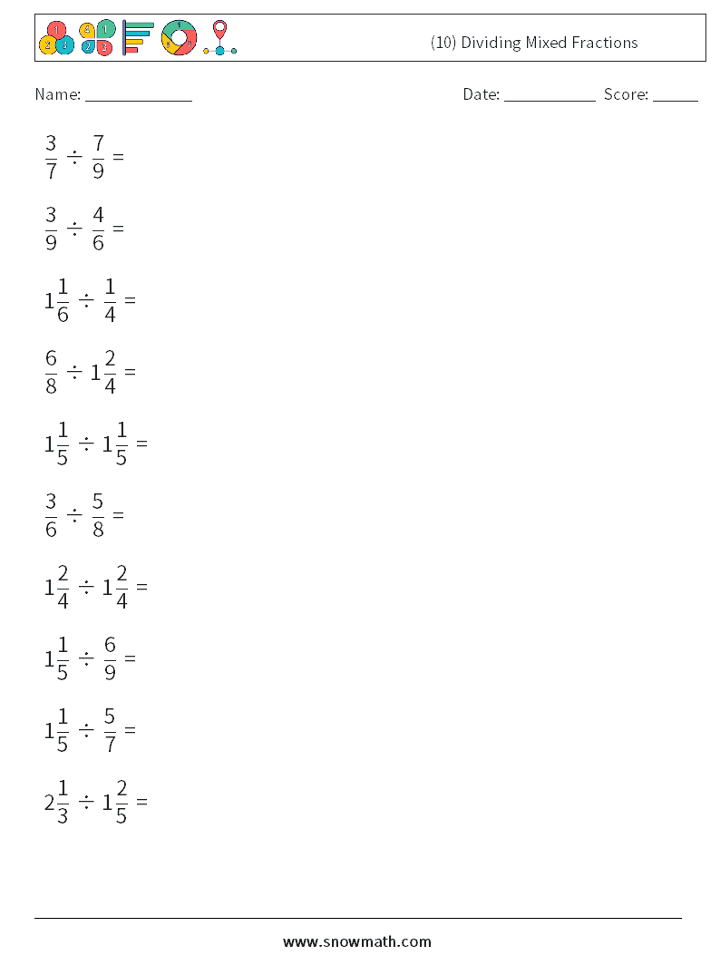 (10) Dividing Mixed Fractions Maths Worksheets 14