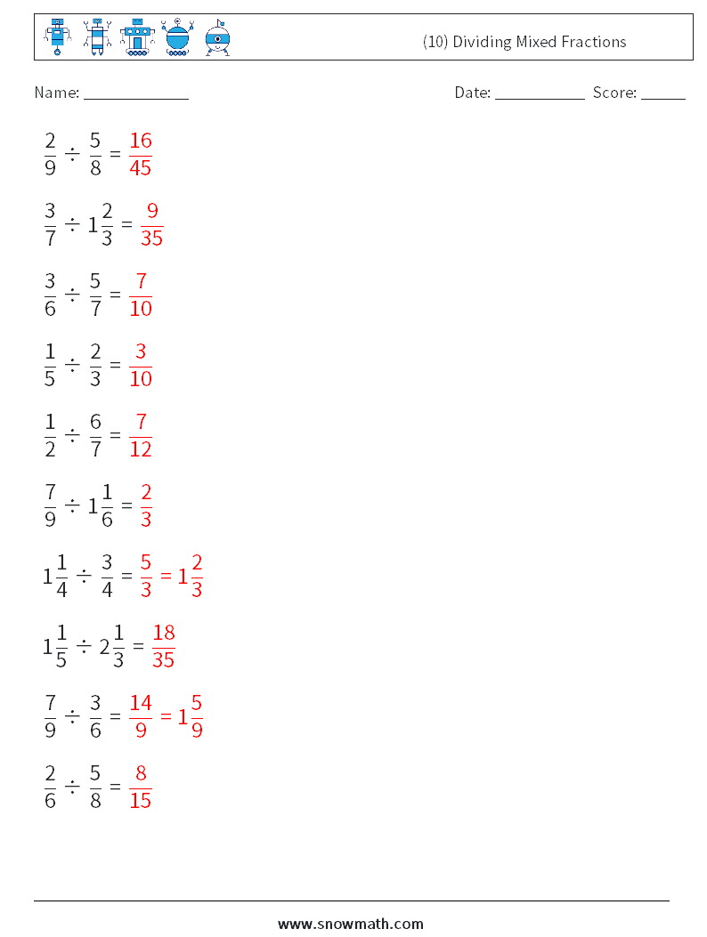 (10) Dividing Mixed Fractions Maths Worksheets 15 Question, Answer