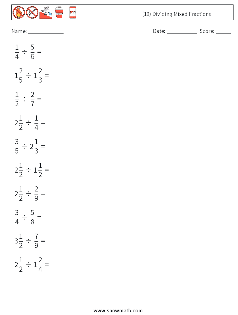 (10) Dividing Mixed Fractions Maths Worksheets 16