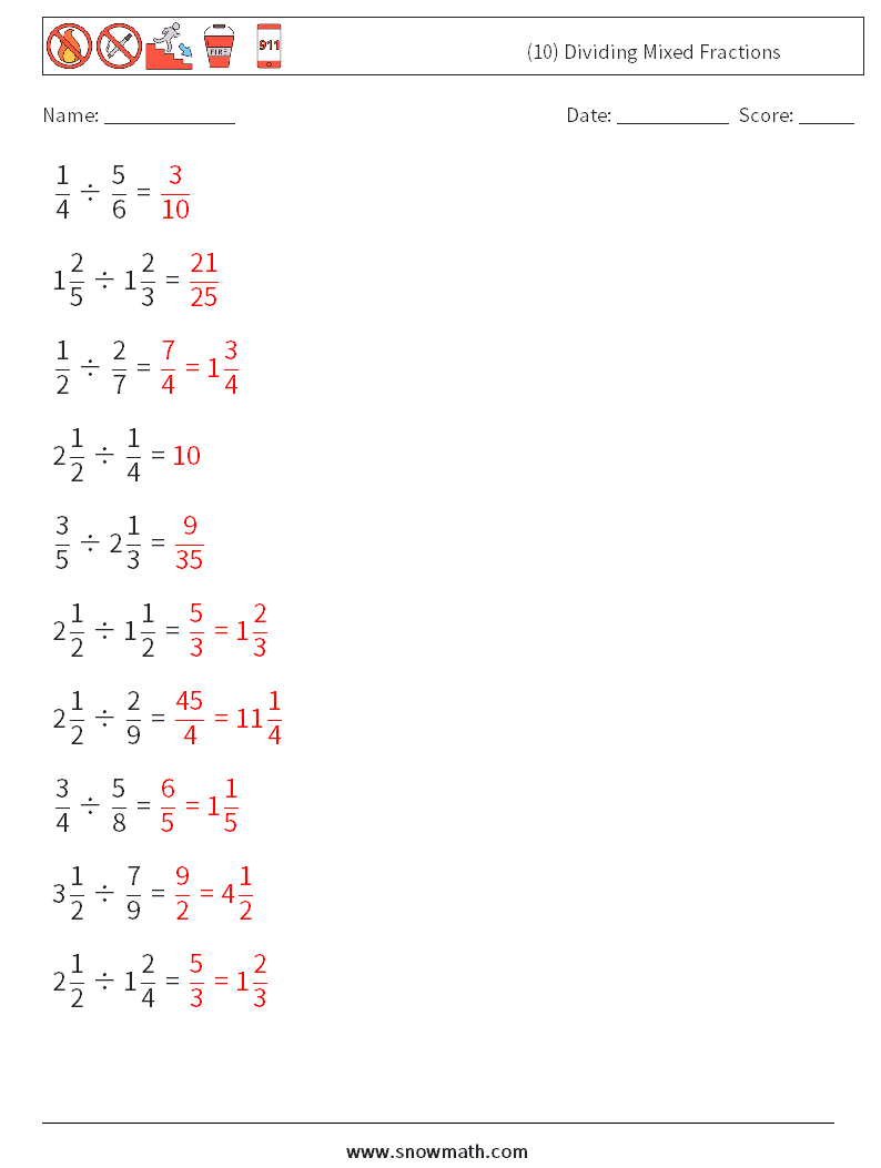 (10) Dividing Mixed Fractions Maths Worksheets 16 Question, Answer