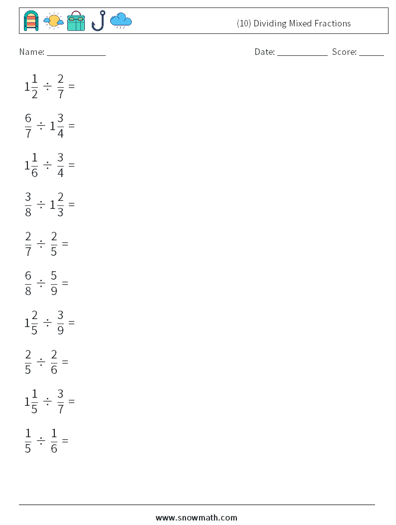 (10) Dividing Mixed Fractions Maths Worksheets 17