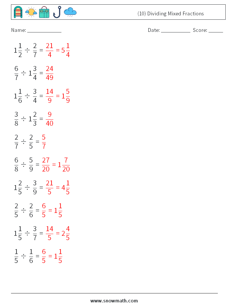 (10) Dividing Mixed Fractions Maths Worksheets 17 Question, Answer