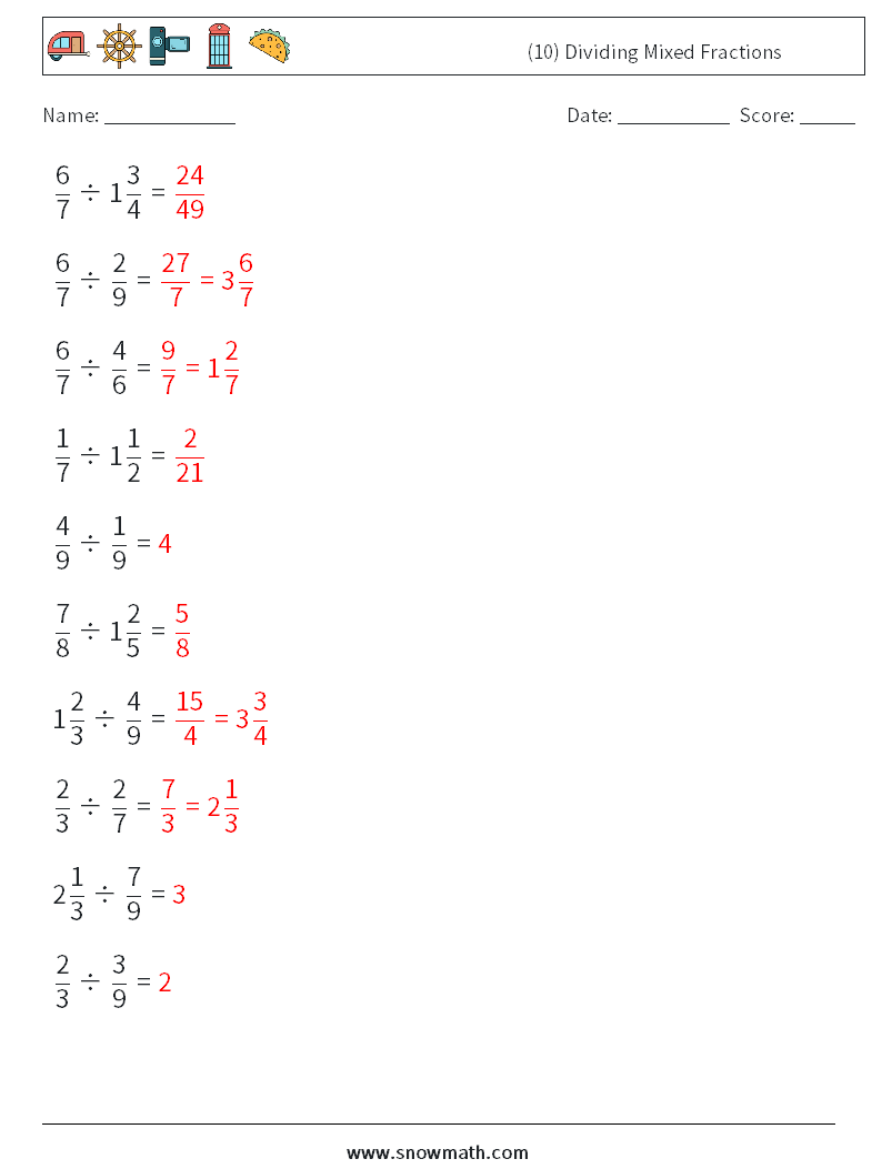 (10) Dividing Mixed Fractions Maths Worksheets 18 Question, Answer