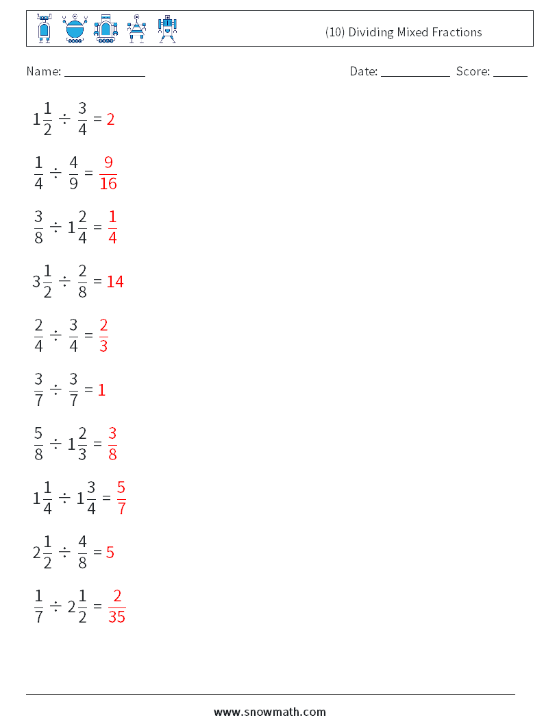 (10) Dividing Mixed Fractions Maths Worksheets 1 Question, Answer