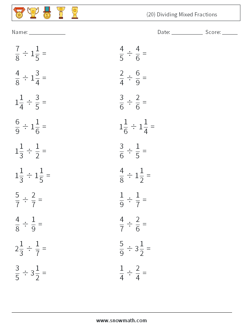 (20) Dividing Mixed Fractions Maths Worksheets 1