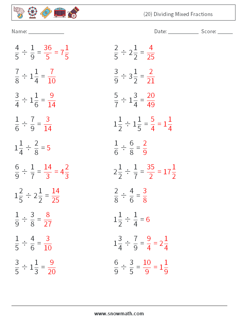 (20) Dividing Mixed Fractions Maths Worksheets 10 Question, Answer